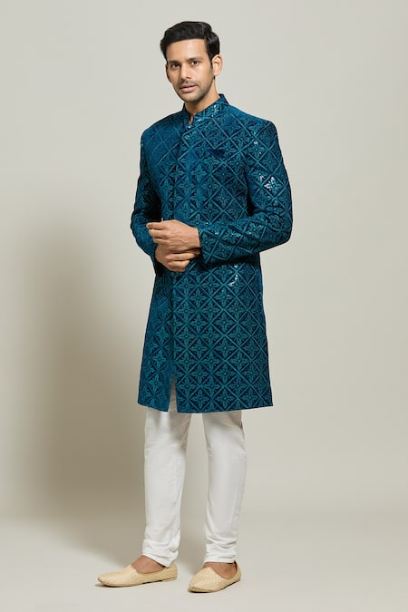 Buy Arihant Rai Sinha Blue Velvet, Polyester Sequins, Geometric Floral Sherwani With Churidar Online at Aza Fashions Buy_Arihant Rai Sinha_Blue Velvet, Polyester Sequins, Geometric Floral Sherwani With Churidar _Online_at_Aza_Fashions