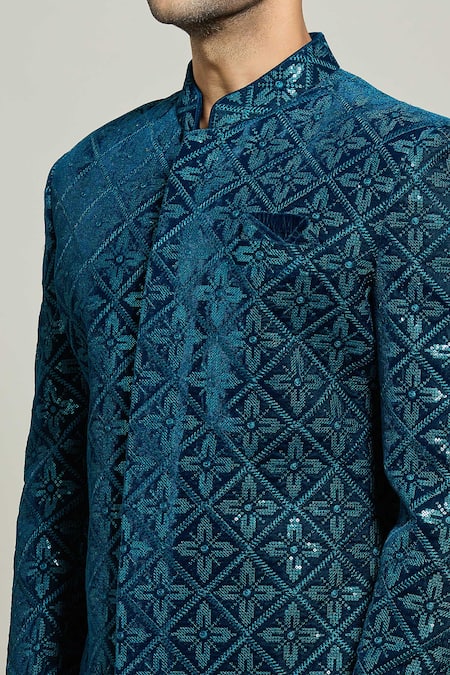 Shop Arihant Rai Sinha Blue Velvet, Polyester Sequins, Geometric Floral Sherwani With Churidar Online at Aza Fashions Shop_Arihant Rai Sinha_Blue Velvet, Polyester Sequins, Geometric Floral Sherwani With Churidar _Online_at_Aza_Fashions