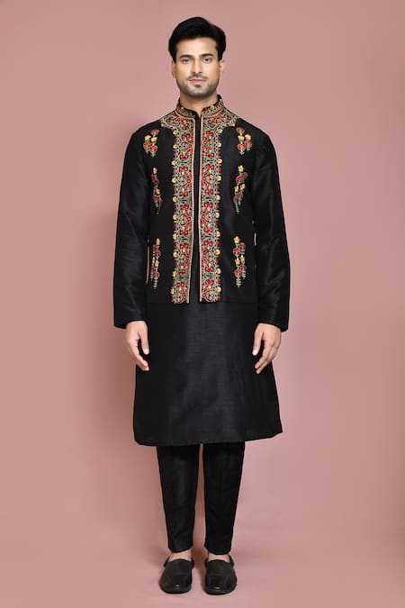 Shop_Arihant Rai Sinha_Black Silk Embroidery Floral Resham Nehru Jacket Set _Online_at_Aza_Fashions