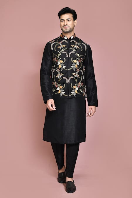 Aryavir Malhotra Leaf Motif Resham Embroidered Nehru Jacket Kurta Set 