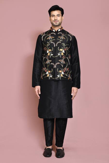 Shop_Arihant Rai Sinha_Black Silk Embroidery Leaf Motif Nehru Jacket Set _Online_at_Aza_Fashions