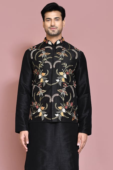 Arihant Rai Sinha Black Silk Embroidery Leaf Motif Nehru Jacket Set at Aza Fashions Arihant Rai Sinha_Black Silk Embroidery Leaf Motif Nehru Jacket Set _at_Aza_Fashions