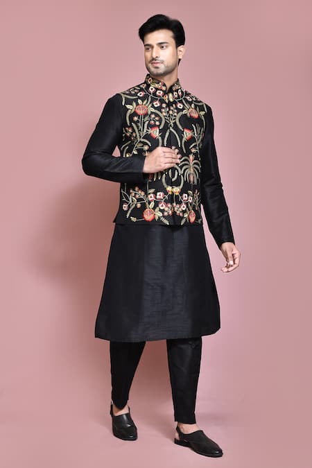 Aryavir Malhotra Black Raw Silk Embroidered Resham Thread Floral Motif Nehru Jacket Kurta Set