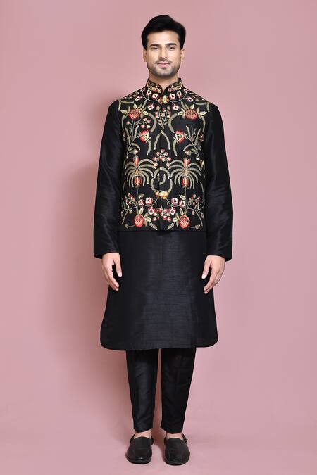 Shop_Arihant Rai Sinha_Black Silk Embroidery Floral Resham Kurta Set _Online_at_Aza_Fashions