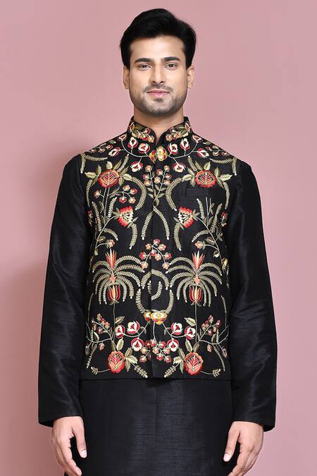 Arihant Rai Sinha_Black Silk Embroidery Floral Resham Kurta Set _at_Aza_Fashions