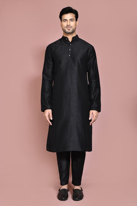 Buy_Arihant Rai Sinha_Black Silk Embroidery Floral Resham Kurta Set _Online_at_Aza_Fashions