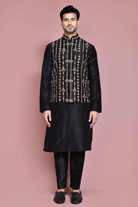 Shop_Arihant Rai Sinha_Black Silk Embroidery Floral Resham Kurta Set _Online_at_Aza_Fashions