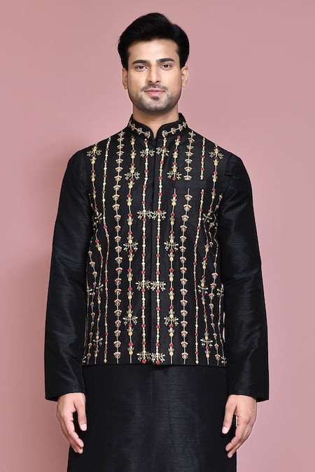 Arihant Rai Sinha Black Silk Embroidery Floral Resham Kurta Set at Aza Fashions Arihant Rai Sinha_Black Silk Embroidery Floral Resham Kurta Set _at_Aza_Fashions
