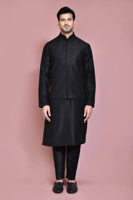 Shop_Arihant Rai Sinha_Black Silk Embroidery Geometric Resham Thread Nehru Jacket Set _Online_at_Aza_Fashions