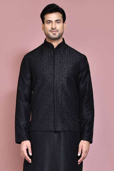 Arihant Rai Sinha Black Silk Embroidery Geometric Resham Thread Nehru Jacket Set at Aza Fashions Arihant Rai Sinha_Black Silk Embroidery Geometric Resham Thread Nehru Jacket Set _at_Aza_Fashions