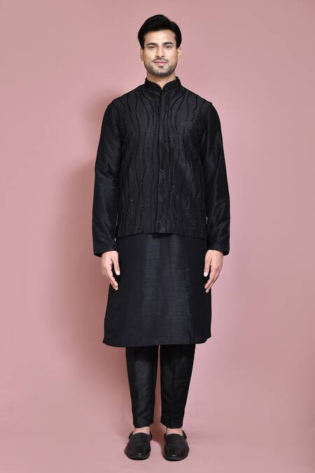 Shop_Arihant Rai Sinha_Black Silk Embroidery Nehru Jacket Kurta Set _Online_at_Aza_Fashions