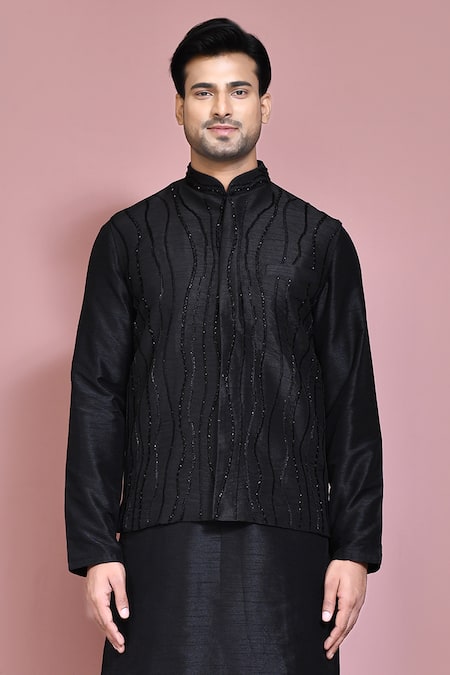Arihant Rai Sinha Black Silk Embroidery Nehru Jacket Kurta Set at Aza Fashions Arihant Rai Sinha_Black Silk Embroidery Nehru Jacket Kurta Set _at_Aza_Fashions