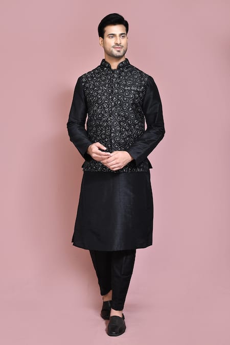 Aryavir Malhotra Black Raw Silk Embroidered Resham Thread Nehru Jacket And Kurta Set 