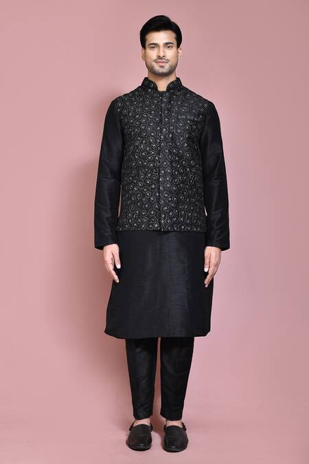 Shop_Arihant Rai Sinha_Black Silk Embroidery Nehru Jacket And Kurta Set _Online_at_Aza_Fashions