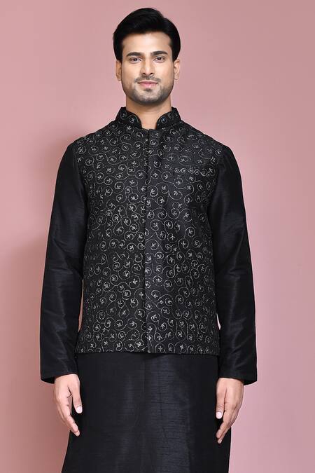 Arihant Rai Sinha_Black Silk Embroidery Nehru Jacket And Kurta Set _at_Aza_Fashions