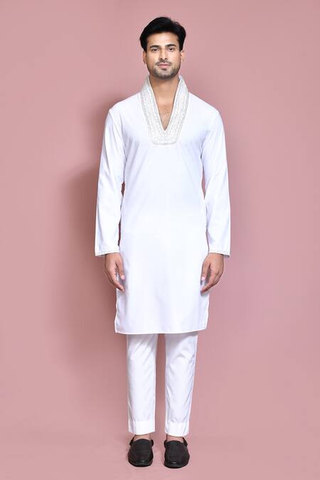 Buy_Arihant Rai Sinha_White Cotton Embroidery Hand Straight Kurta With Pyjama _Online_at_Aza_Fashions