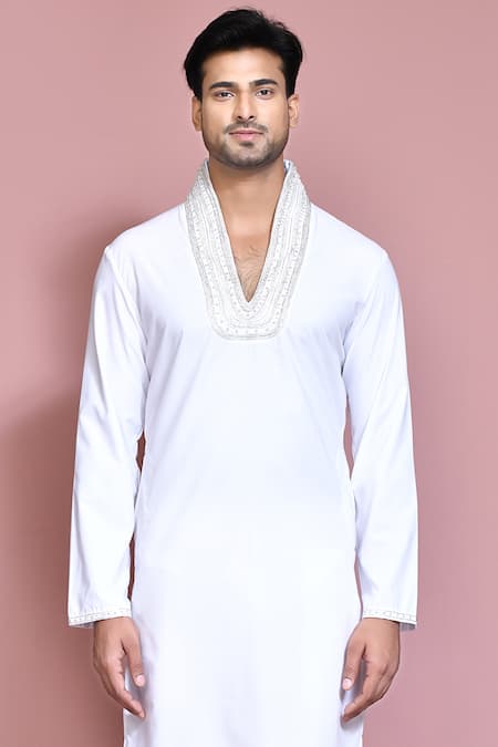 Shop_Arihant Rai Sinha_White Cotton Embroidery Hand Straight Kurta With Pyjama _Online_at_Aza_Fashions