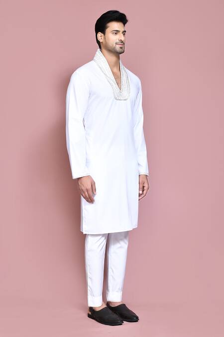 Arihant Rai Sinha_White Cotton Embroidery Hand Straight Kurta With Pyjama _at_Aza_Fashions