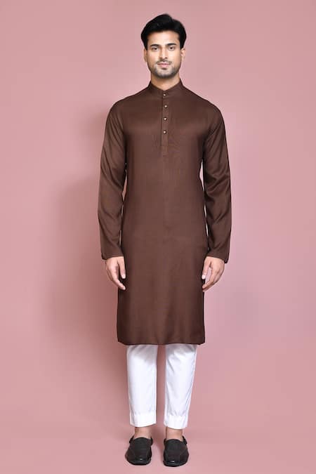 Buy_Arihant Rai Sinha_Brown Cotton, Rayon Solid Straight Kurta With Pyjama _Online_at_Aza_Fashions