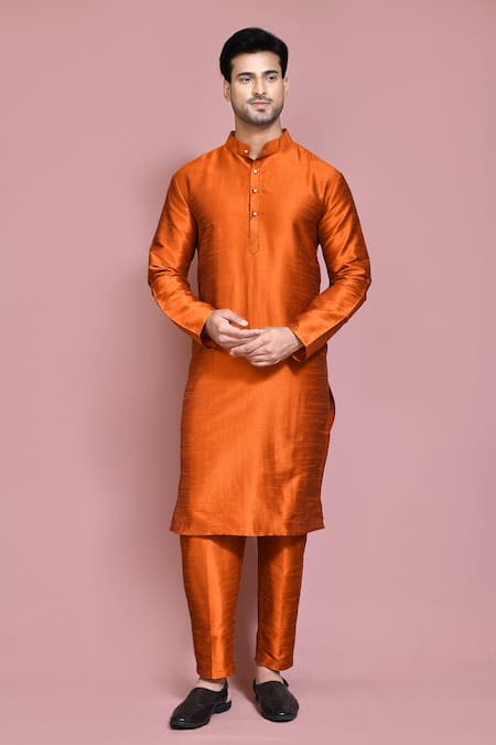 Aryavir Malhotra Orange Raw Silk Solid Straight Kurta And Pyjama Set 