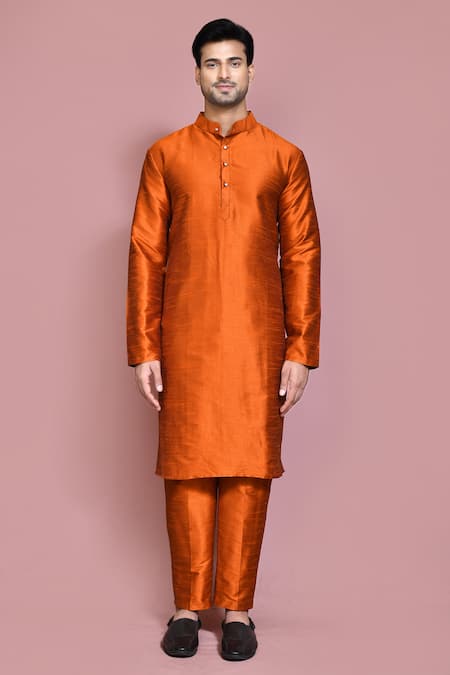 Buy_Arihant Rai Sinha_Orange Silk Straight Solid Kurta And Pyjama Set _Online_at_Aza_Fashions