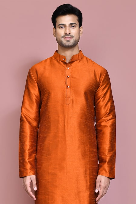Shop_Arihant Rai Sinha_Orange Silk Straight Solid Kurta And Pyjama Set _Online_at_Aza_Fashions