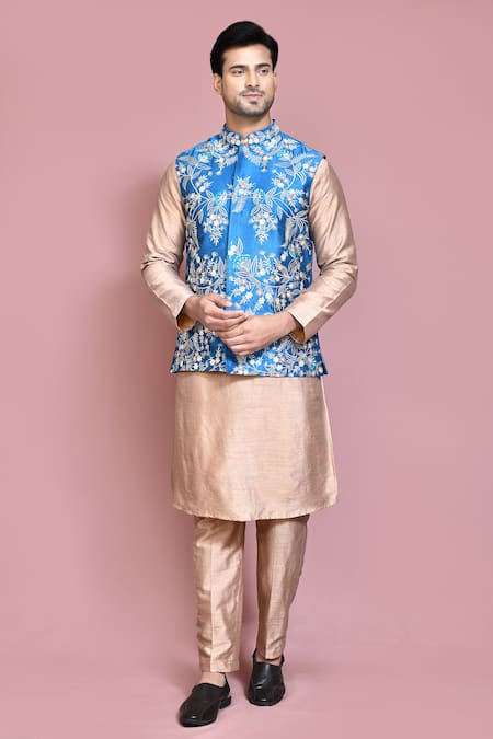 Aryavir Malhotra Rose Gold Raw Silk Embroidered Resham Thread Floral Nehru Jacket With Kurta Set