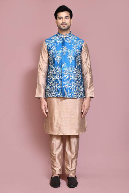 Shop_Arihant Rai Sinha_Rose Gold Silk Embroidery Floral Resham Kurta Set _Online_at_Aza_Fashions
