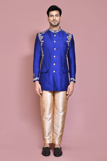 Buy_Arihant Rai Sinha_Blue Silk Embroidery Resham Bandhgala With Pant _Online_at_Aza_Fashions