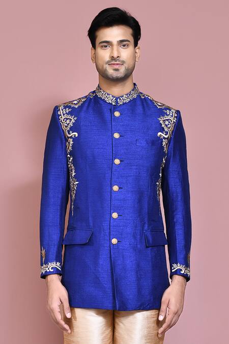 Shop Arihant Rai Sinha Blue Silk Embroidery Resham Bandhgala With Pant Online at Aza Fashions Shop_Arihant Rai Sinha_Blue Silk Embroidery Resham Bandhgala With Pant _Online_at_Aza_Fashions