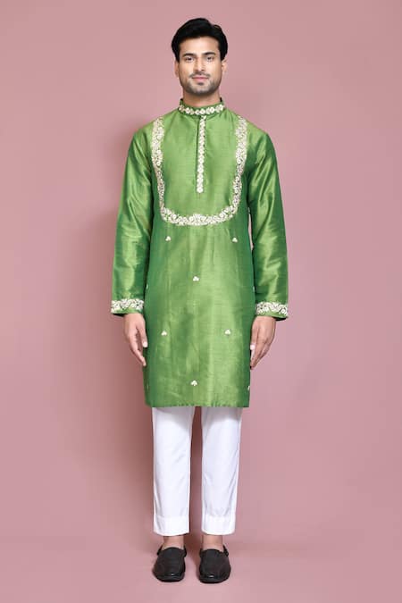 Buy_Arihant Rai Sinha_Green Cotton, Silk Embroidery Floral Kurta With Pyjama _Online_at_Aza_Fashions