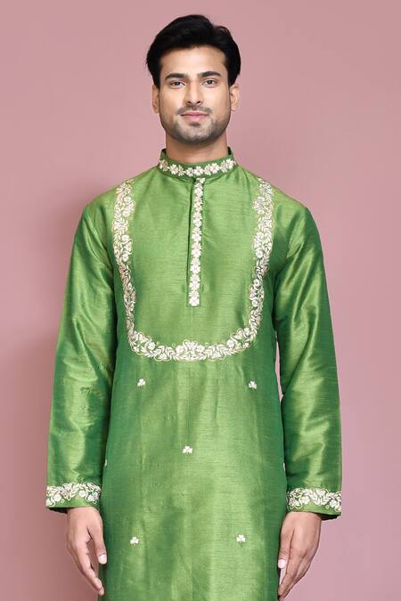 Shop_Arihant Rai Sinha_Green Cotton, Silk Embroidery Floral Kurta With Pyjama _Online_at_Aza_Fashions