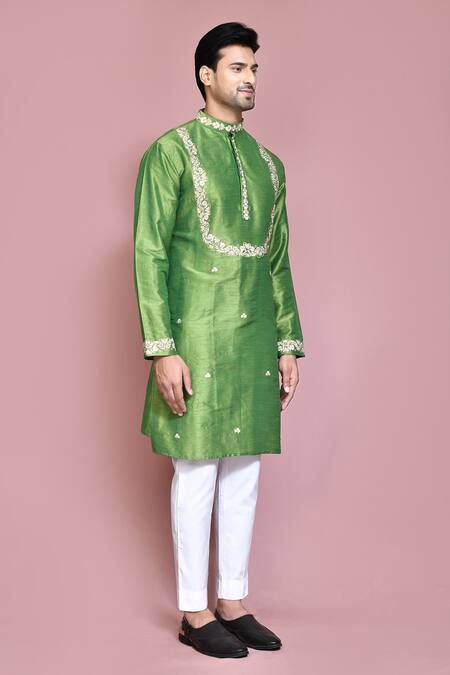 Arihant Rai Sinha_Green Cotton, Silk Embroidery Floral Kurta With Pyjama _at_Aza_Fashions