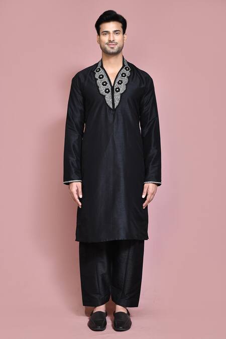 Buy_Arihant Rai Sinha_Black Silk Beads Neckline Embroidered Neck Kurta Set _Online_at_Aza_Fashions