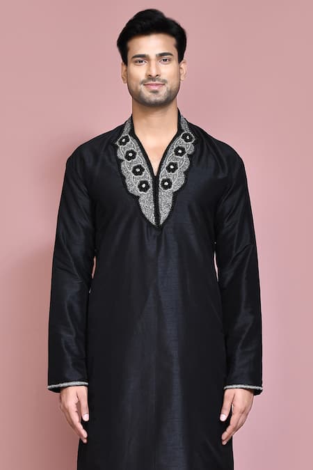 Shop_Arihant Rai Sinha_Black Silk Beads Neckline Embroidered Neck Kurta Set _Online_at_Aza_Fashions