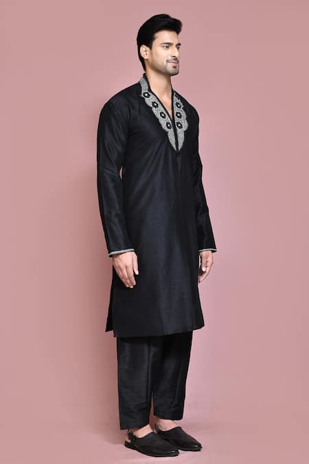 Arihant Rai Sinha_Black Silk Beads Neckline Embroidered Neck Kurta Set _at_Aza_Fashions