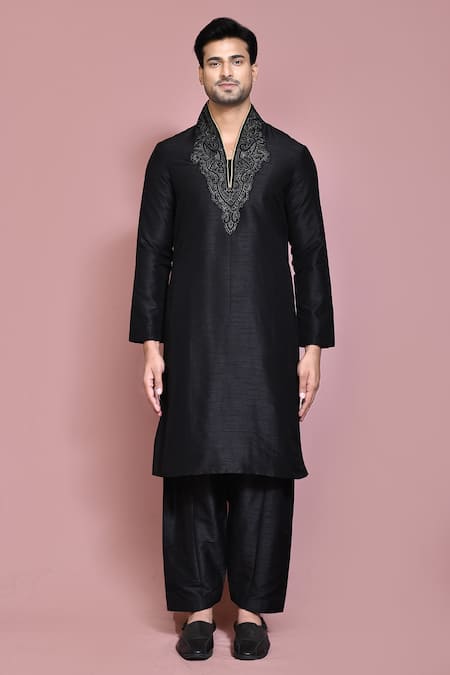 Shop_Arihant Rai Sinha_Black Silk Embroidery Resham Neckline Kurta Set _Online_at_Aza_Fashions