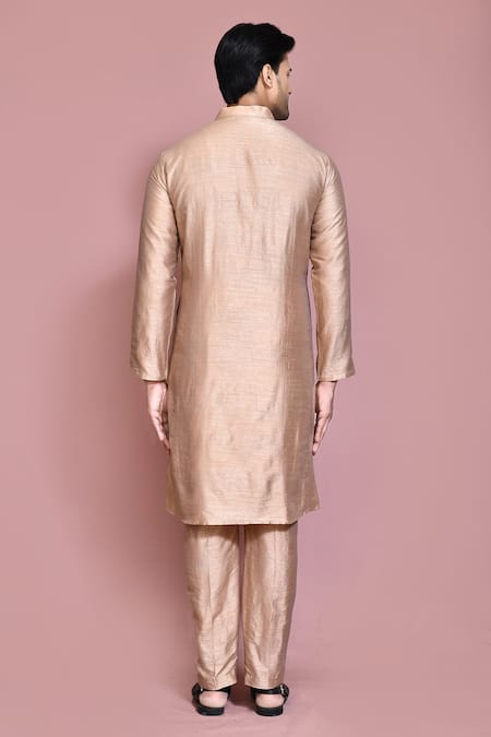 Shop_Arihant Rai Sinha_Rose Gold Silk Stand Collar Solid Kurta With Pant _at_Aza_Fashions