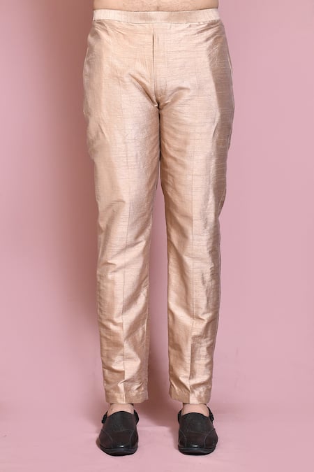 Arihant Rai Sinha_Rose Gold Silk Stand Collar Solid Kurta With Pant _Online_at_Aza_Fashions