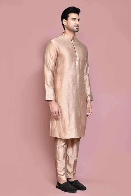 Arihant Rai Sinha_Rose Gold Silk Stand Collar Solid Kurta With Pant _at_Aza_Fashions
