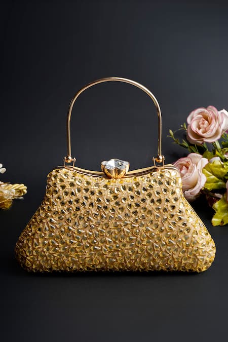 A Clutch Story Gold Rhinestones Topaz Embellished Clutch Bag