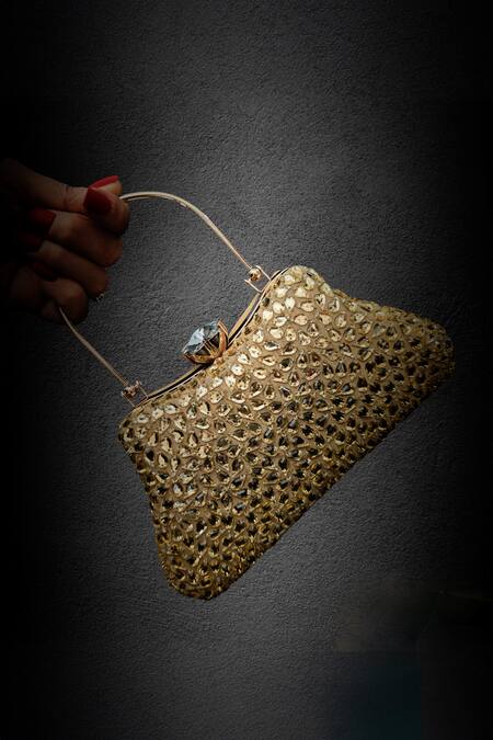 A Clutch Story_Gold Rhinestones Topaz Embellished Clutch Bag _Online_at_Aza_Fashions