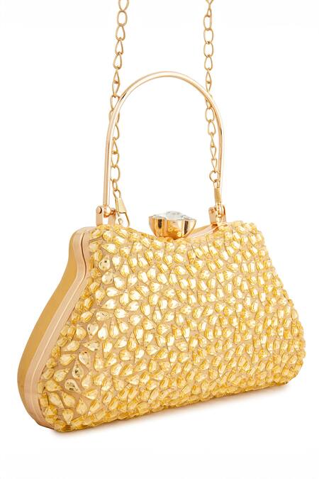 A Clutch Story_Gold Rhinestones Topaz Embellished Clutch Bag _at_Aza_Fashions