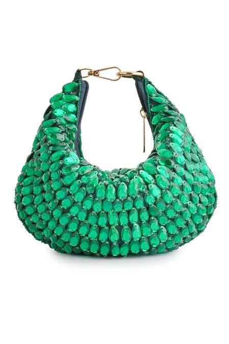 Buy_A Clutch Story_Green Rhinestones Embellished Raw Silk Bag _Online_at_Aza_Fashions