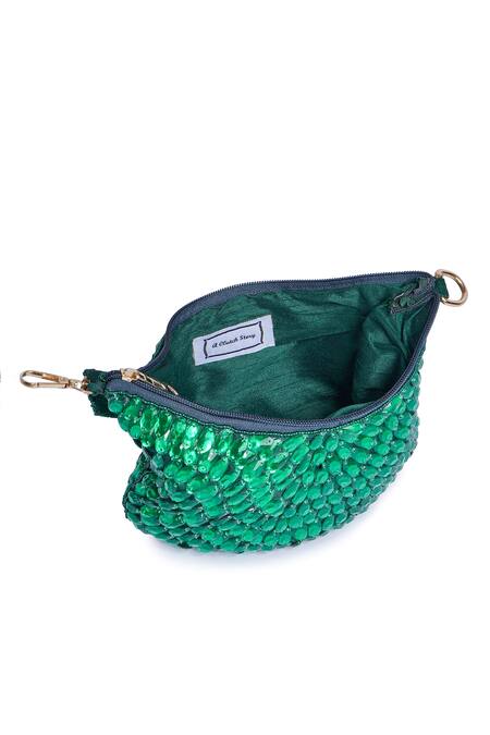 A Clutch Story_Green Rhinestones Embellished Raw Silk Bag _at_Aza_Fashions