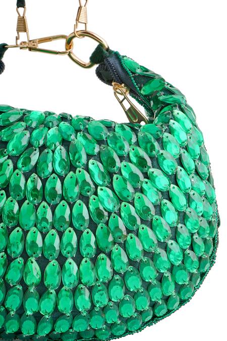 Buy_A Clutch Story_Green Rhinestones Embellished Raw Silk Bag 
