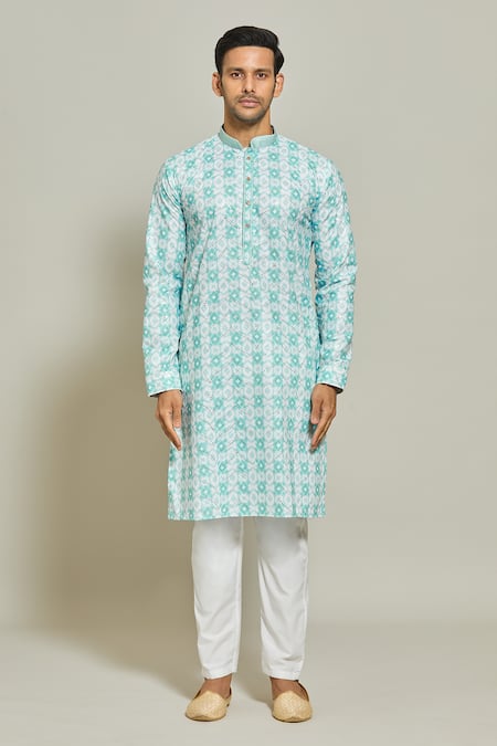 Arihant Rai Sinha_Blue Cotton Sequins, Embroidery Printed Kurta _Online_at_Aza_Fashions