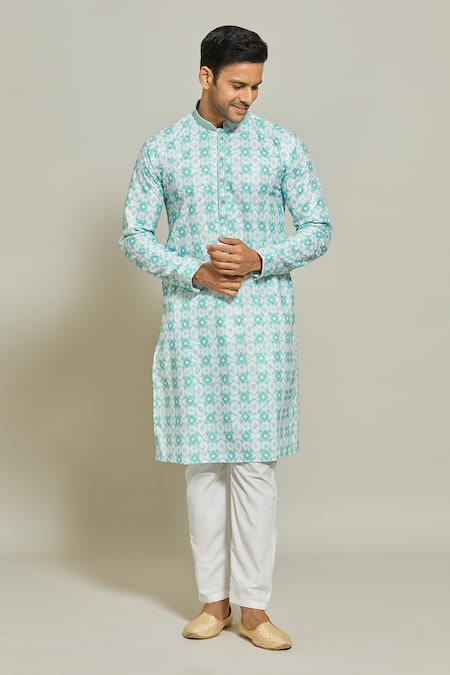 Buy_Arihant Rai Sinha_Blue Cotton Sequins, Embroidery Printed Kurta _Online_at_Aza_Fashions