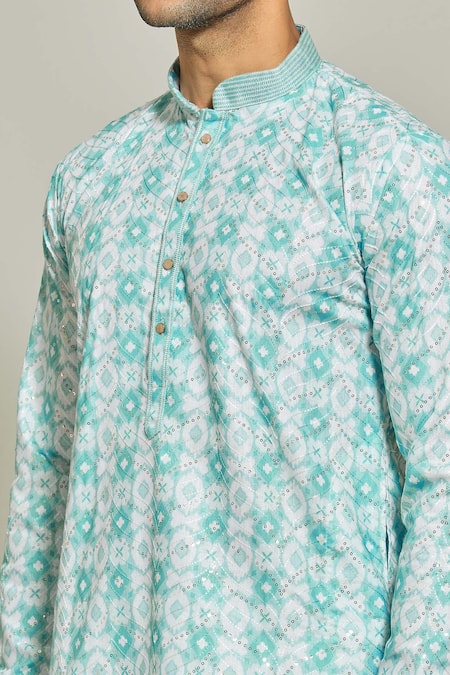 Shop_Arihant Rai Sinha_Blue Cotton Sequins, Embroidery Printed Kurta _Online_at_Aza_Fashions