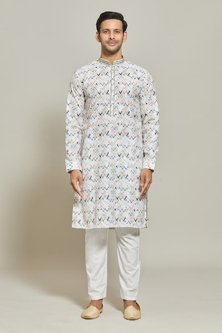Arihant Rai Sinha Multi Color Cotton, Silk Sequins, Printed Thread Work Kurta And Aligadi Pant Set Online at Aza Fashions Arihant Rai Sinha_Multi Color Cotton, Silk Sequins, Printed Thread Work Kurta And Aligadi Pant Set _Online_at_Aza_Fashions